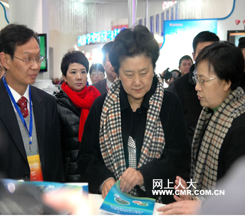 劉延東在展位上閱讀網(wǎng)上人大配套教材匯編